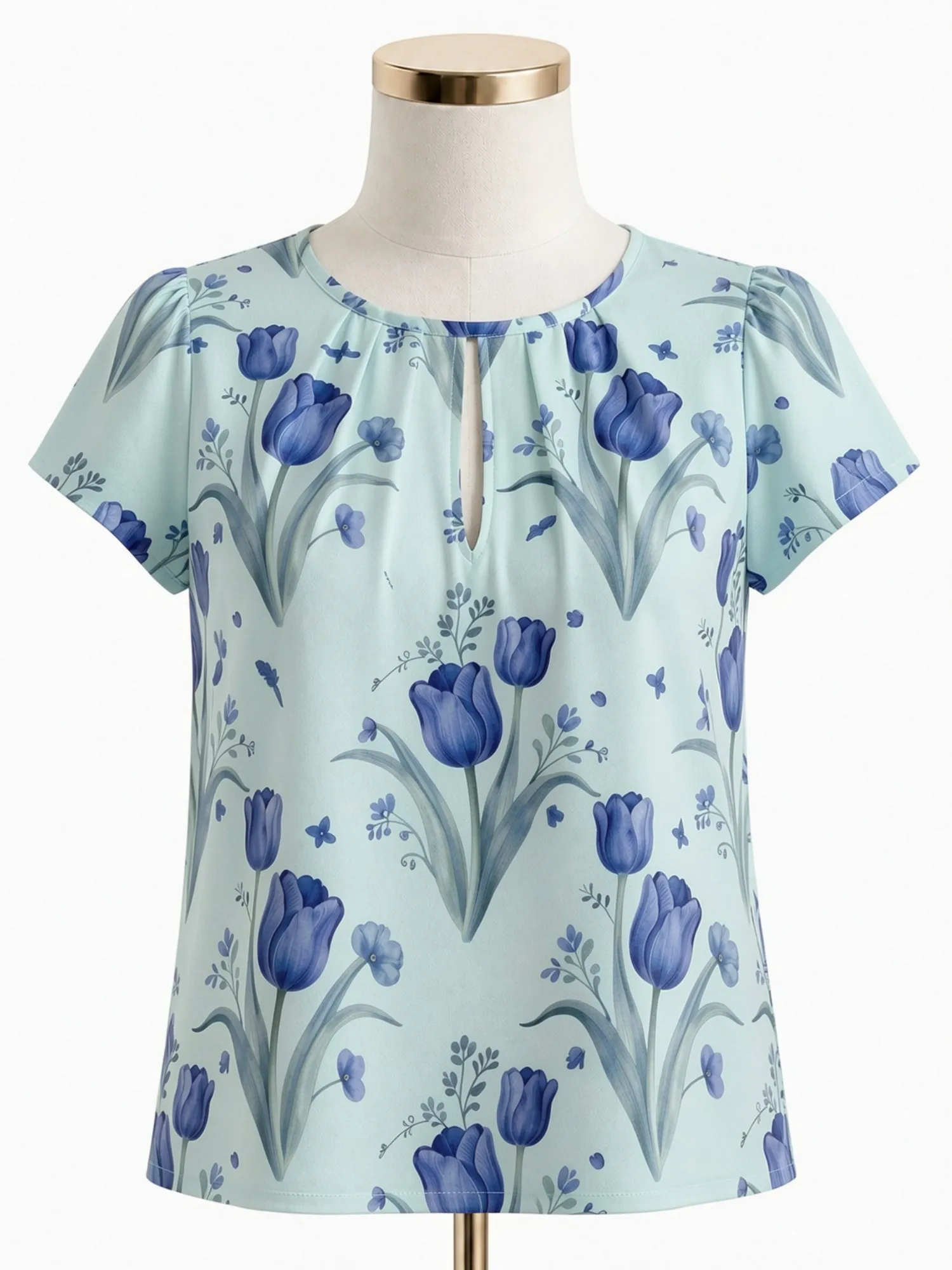 Women's Delicate Floral Print Short Sleeve Keyhole Neck Blouse, Pleated Round Neck Loose Fit Everyday Casual Top for Casual Wear