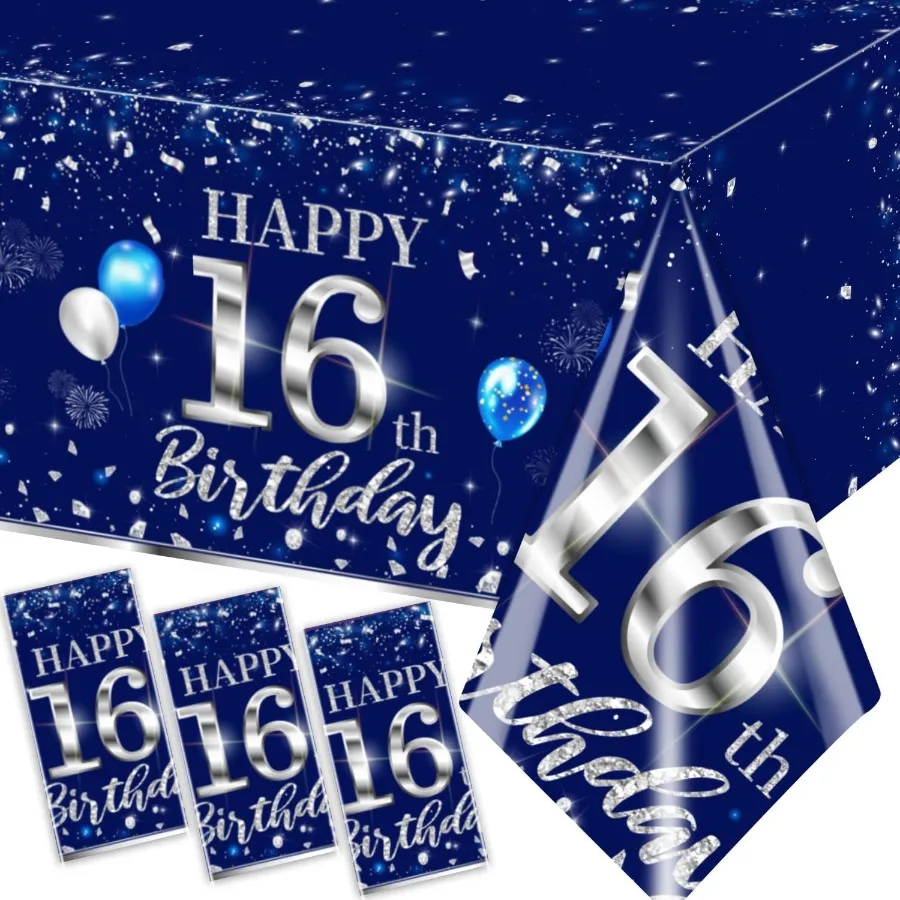 Nappe jetable pour 16e anniversaire, 3 pièces, argent bleu, décorations joyeux anniversaire pour garçon de 16 ans, fournitures de fête d'anniversaire