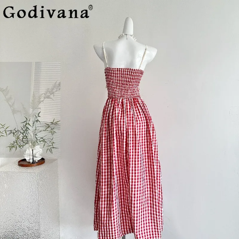 Summer Beach Style Women Plaid Long Dress Elegant Lace Patchwork Korean Dress Female Lolita Design Sexy Bow Collar Dress