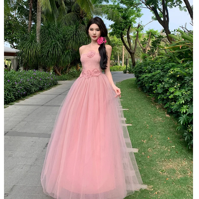 

Pink Flower Summer Sexy Two Pieces Suits Women Sleeveless Strapless Slim Tops + Elastic High Waist Mesh Skirt Fashion Party Sets