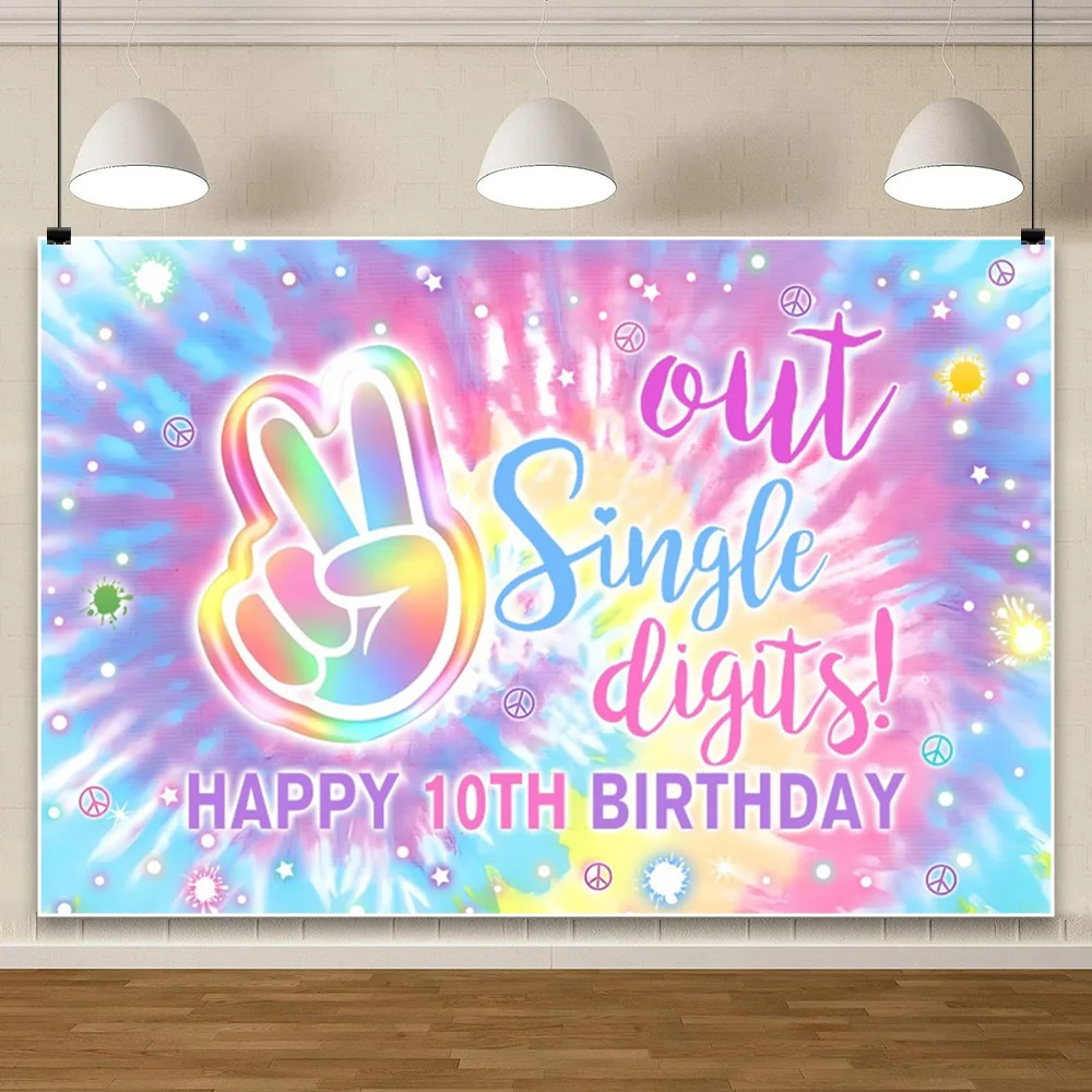 Girl Happy 10th Birthday Out Single Digits Backdrop for Tie Dye Rainbow It's My 10 Years Old Bday Background Photo Booth Props