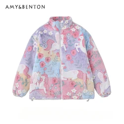 2024 New American Winter Dopamine Color Unicorn Imitation Rabbit Hair Thin Versatile Warm Padded Cotton Jacket For Women