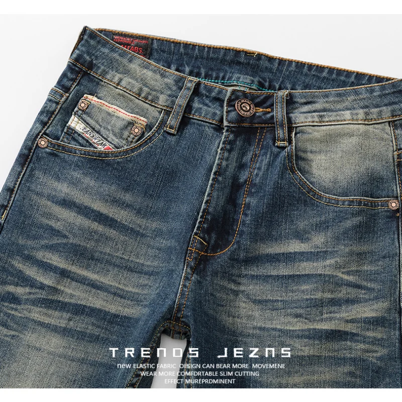 Jean Délavé Bleu Vintage pour Homme, Pantalon FJPays l Décontracté, Tendance High Street