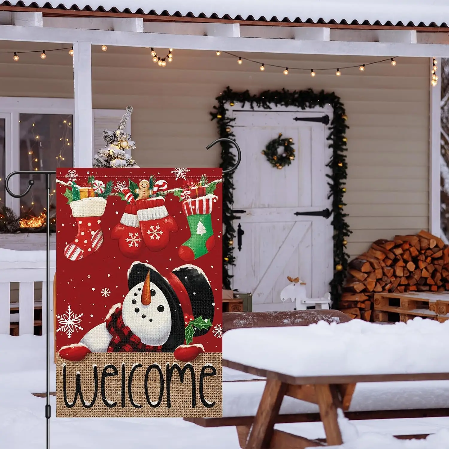 Heyfibro Welcome Christmas Snowman Garden Flag 12x18 Inch Double Sided Burlap, Winter Snowflake Yard Flags for Holiday Xmas  KKW