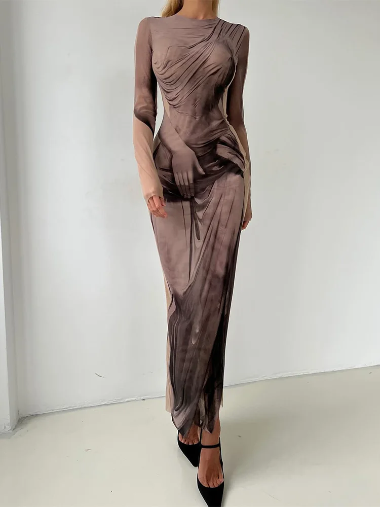 Printed Mesh Dresses For Women Fashion Sexy Streetwear O-Neck Long Sleeves Sheer Sheath Side Split Long Vestidos Robes Female