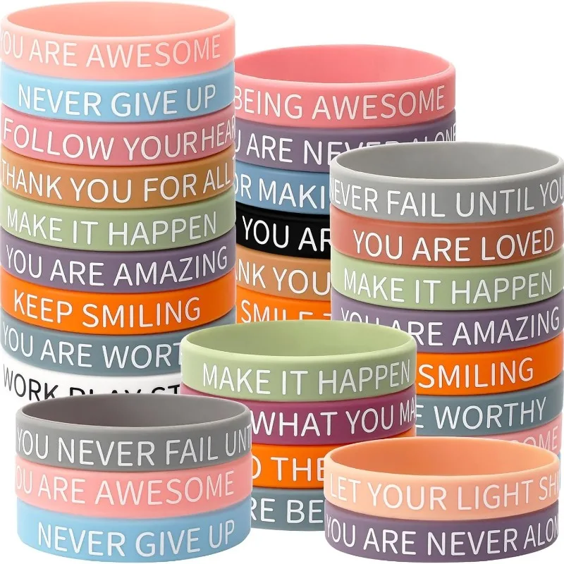 64pcs Motivational Quote Silicone Bracelets Bulk Colored Inspirational Rubber Wristbands Unisex for Women Men Gifts (16 Designs)