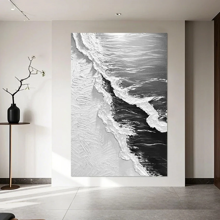 Hand Sea Wave Art Wall, Frameless Modern Oil Painting Minimalist Scenery Abstract Artwork for Living Room and Hotel Decortive