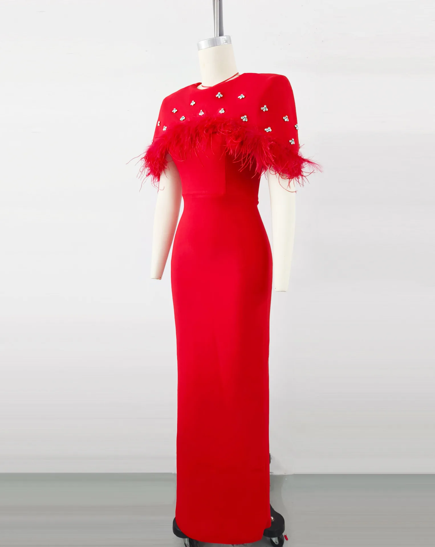 Vestido de noite formal com capa incrustada de diamantes e penas, vestido de noite formal para outono, banquete, socialite, ocasião especial