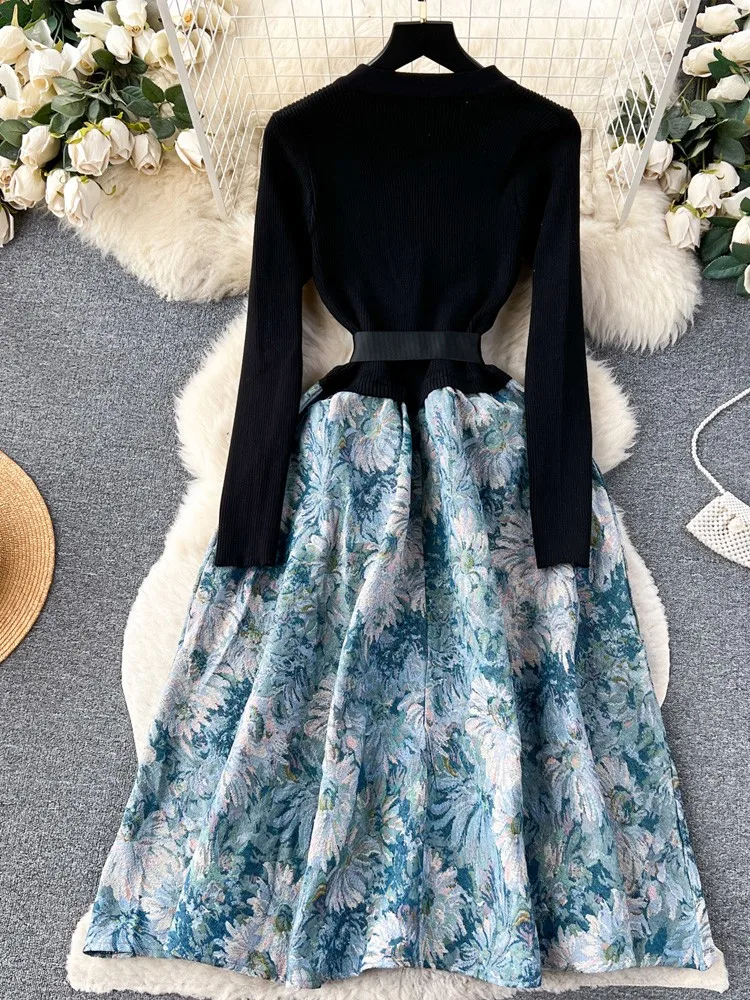 New Winter Elegant Knitted Dress Women Vintage Patchwork Sweater Printing Long Dresses Lady Winter Formal Casual Dress Vestidos