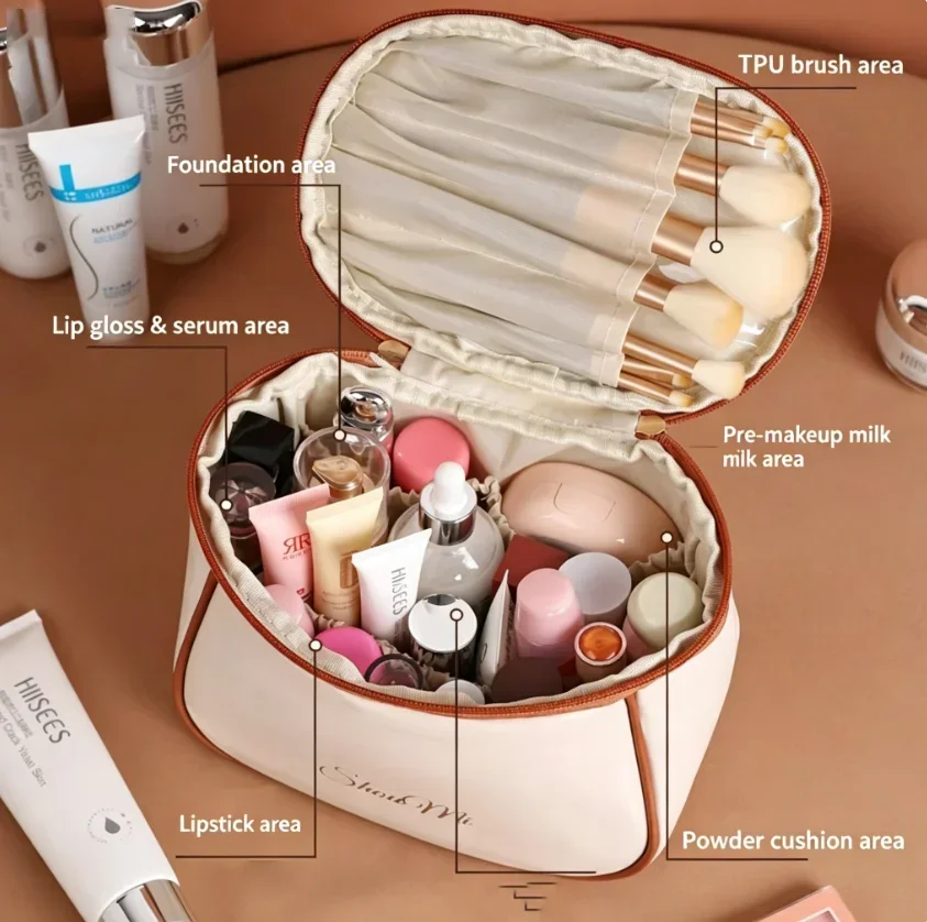 Reise-Kosmetiktasche mit großer Kapazität, tragbare PU-Leder-Kosmetiktasche, wasserdichte Handtasche, Toilettenartikel-Tasche, Aufbewahrungstasche für Hautpflegeprodukte – Detail 1