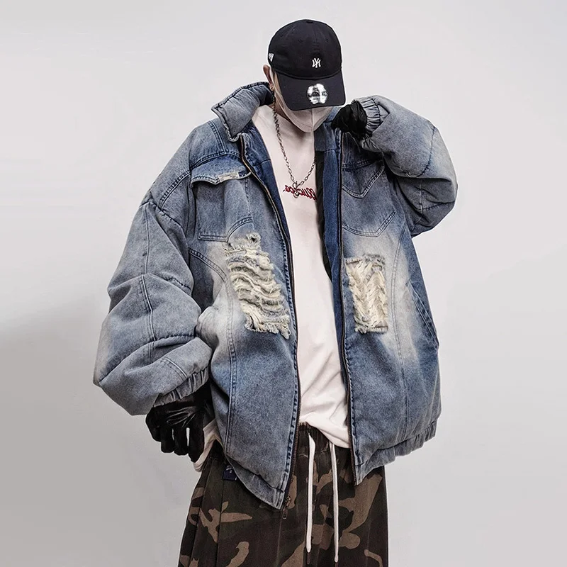 LUZHEN 2025 Winter Fashion Streetwear Men Original Broken Hole Patched Vintage Denim Padded Coat Loose Warm Parka Clothes JY5122