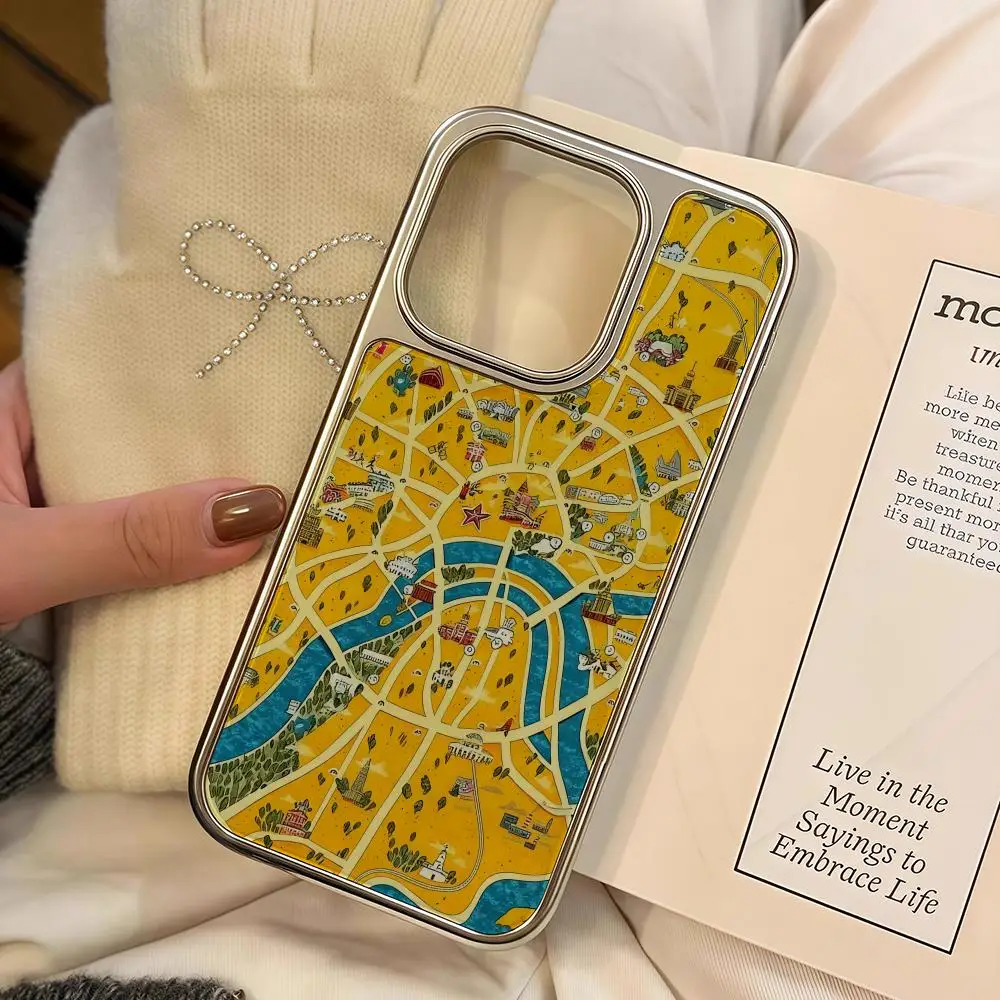 

Yellow Hand Drawn Map Phone Case For IPhone 17 16 15 14 13 12 11 Pro Max Plus HD Magsafe Metal Frame Carbon Fiber Hard Shell