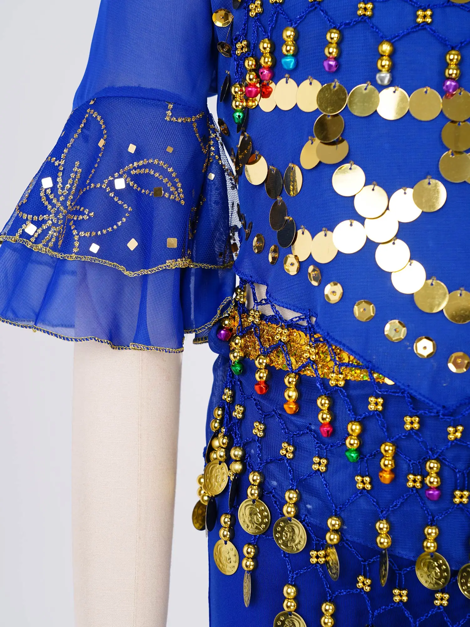 Teen Girls Oriental Belly Dance Outfit Halloween Indian Arabian Princess Costume Half Sleeve Sequins Tassel Crop Top with Pants