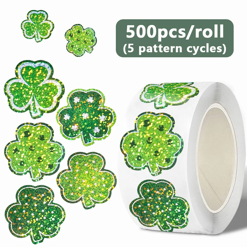 500 pegatinas holográficas de trébol iridiscentes en rollo, etiquetas de trébol de la suerte verdes para envolver regalos, hornear y sellar