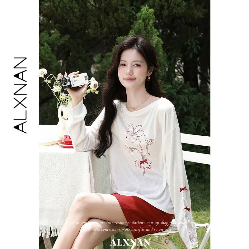 ALXNAN Summer Women's White T-shirt Round Neck Cuffs Lace Bows Long Sleeve  Front Print Desig Slim-fit Ladies Clothing L67328