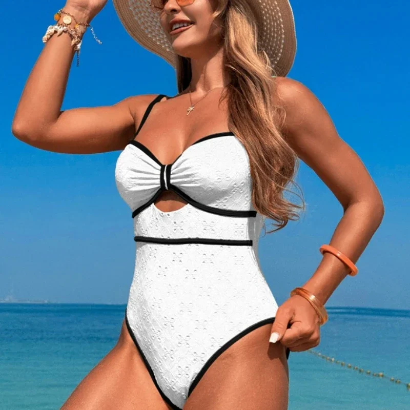 Sexy Hollow Contrast Color Stitching One-piece Swimsuit High Waist Slim Fit Triangle Bikini Fashion Vacation Bathing Suit Women