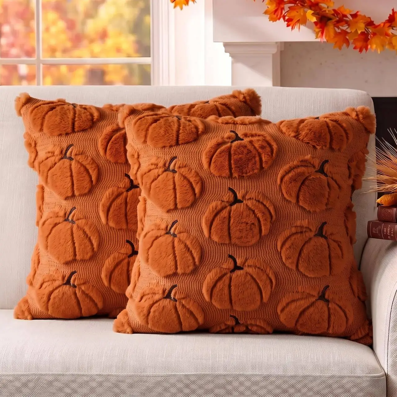 Fall Pillow Covers Pumpkin Fall Decor 18x18 Soft Plush Faux Fur,Fall Decorations for Home,Thanksgiving and Autumn Decor