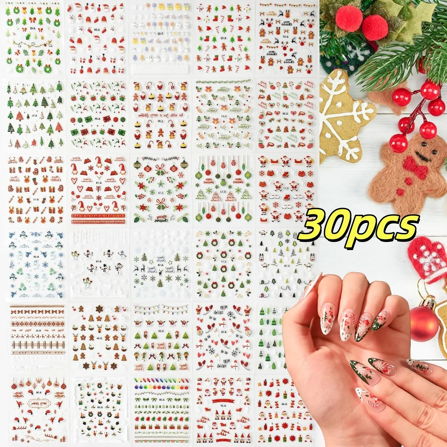 30 pezzi di adesivi natalizi per nail art, design natalizio per cartoni animati, Babbo Natale/rina/fiocchi di neve, decalcomanie per unghie, manicure e regali festivi scintillanti