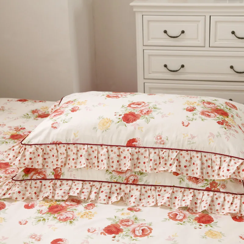 2pcs Korean Style Soft Pastoral Pure Cotton Pillow Case Ruffle Lace Design Romantic Princess Pillowcases 48x74cm Pillow Cover