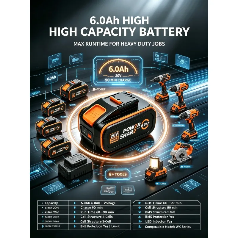 WORX 20V Lithium Battery  WA3578  5.0Ah  High Capacity Li-ion Fit WORX WG WX  Tools  Intelligent BMS Safety Protection System