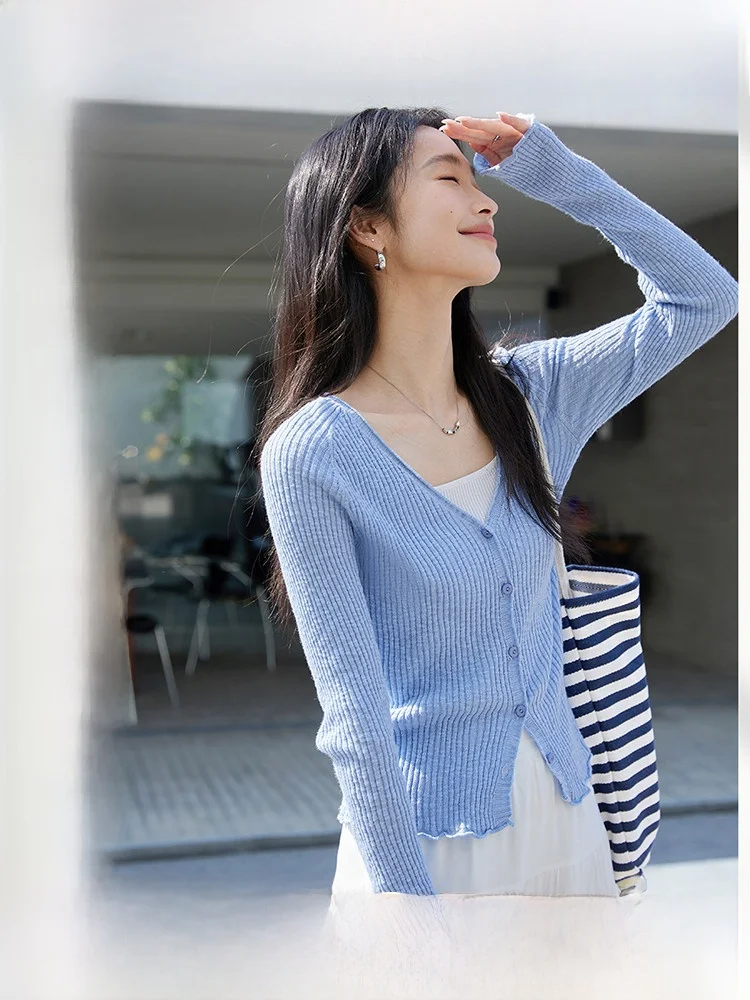 

Slim Fit Long Sve V-Ne Knitted Open Cardigan Women's Spring Autumn New Sle Ear Musoom Lace Design Casual Top