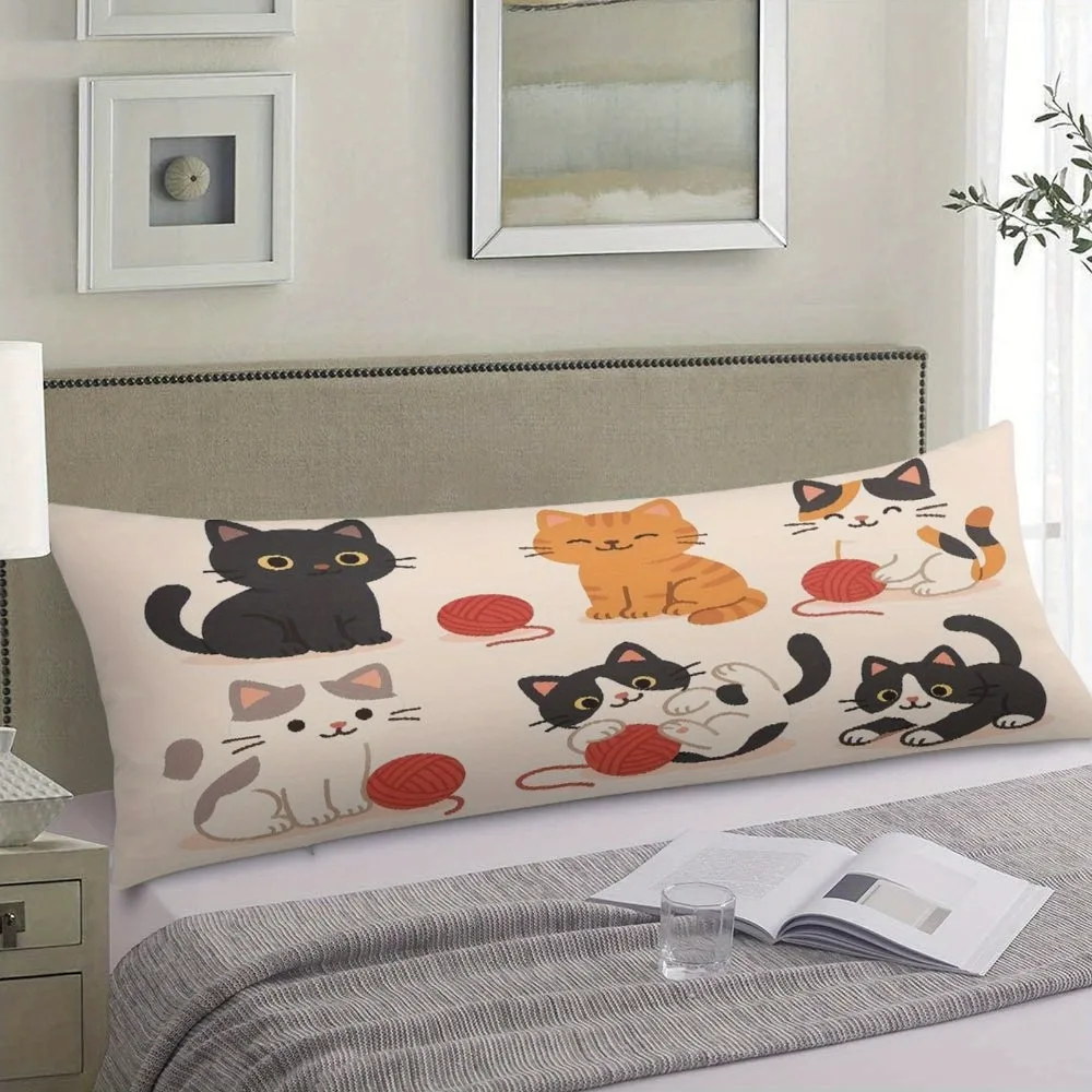 1 Ultra-Soft Long Pillow Cover - Cute Cat Playing with Ball Design, Soft Plush Bed Pillowcase with Zipper Closure, Large 20x54 I