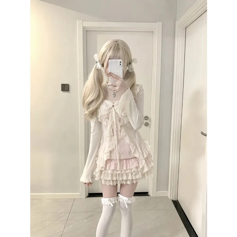 Y2k Harajuku Sweet Lolita 3pcs Casual Outfits Tiered Ruffle Lace Polka Dot Chiffon Cardigan Vest Mini Skirts Christmas Partywear