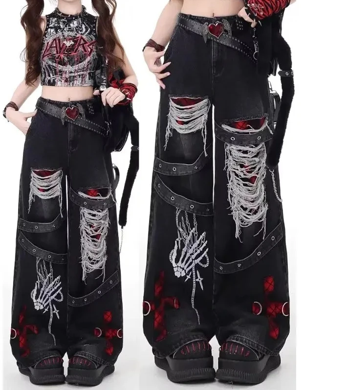 

fashionable versatile casual pantsstyle spicy girl loose lazy and relaxed denim pants female punk retro washed