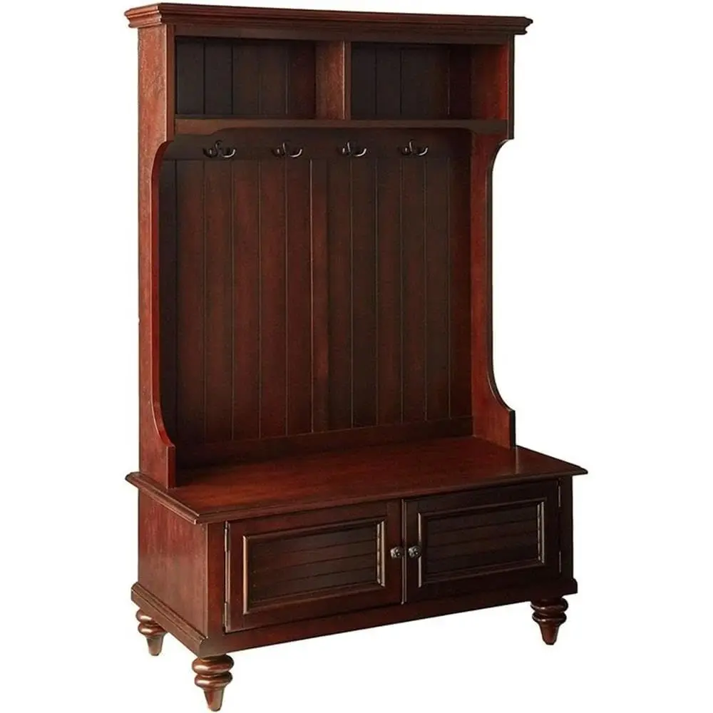 

Деревянная вешалка для прихожей с местом для обуви, вешалкой для одежды и открытыми полками