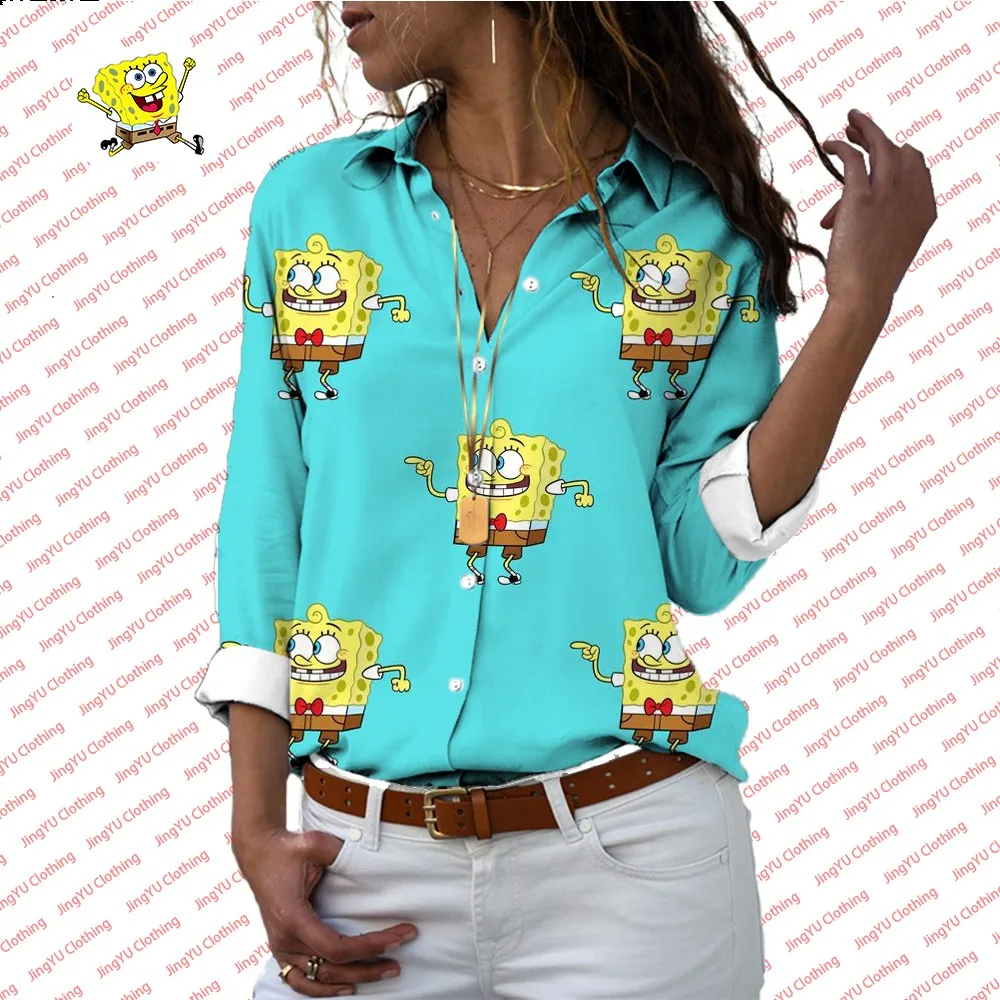 3D Fashion Trend Comfortable and Versatile Casual Shirt SpongeBob Cartoon Printed Ladies Long Sleeve Lapel Shirt