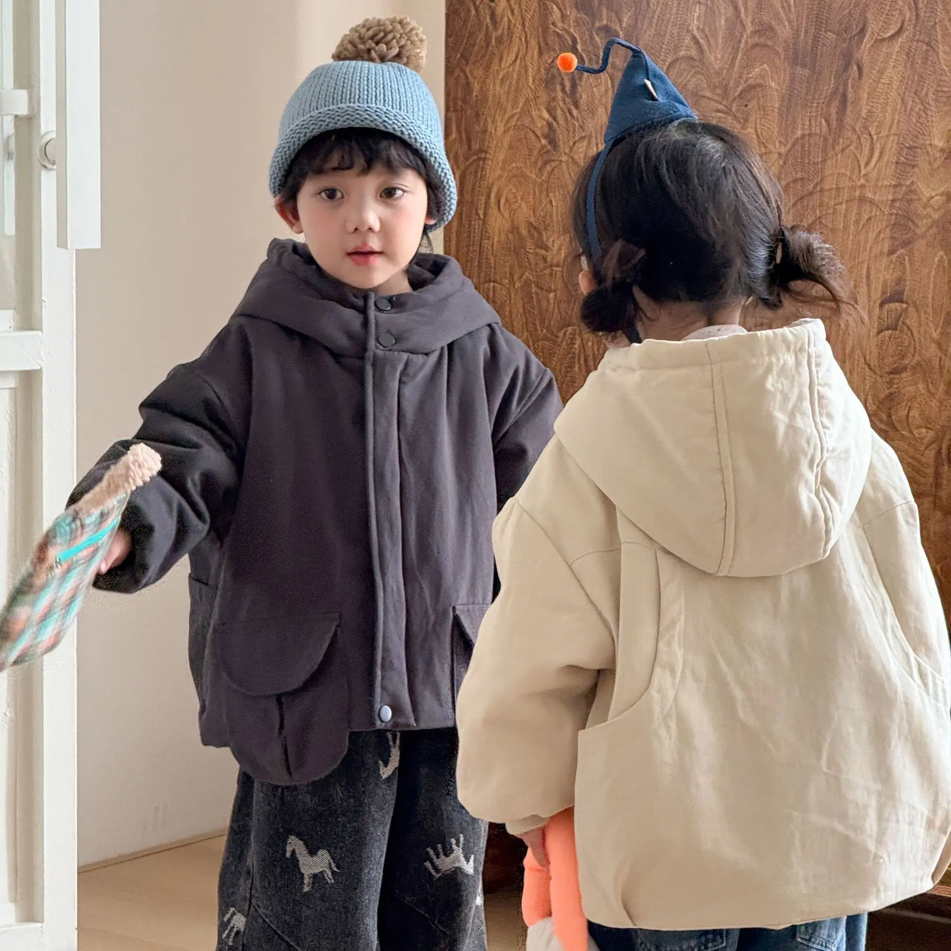 2026 Winter New Children Plus Velvet Thick Hooded Coat Girls Fleece Warm Coat Boys Cotton Padded Jacket Kids Clothes