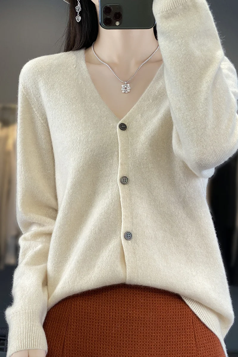 Tloml outono inverno feminino com decote em v lã cardigan básico sólido manga longa camisola de caxemira 100% lã merino malhas femininas topos