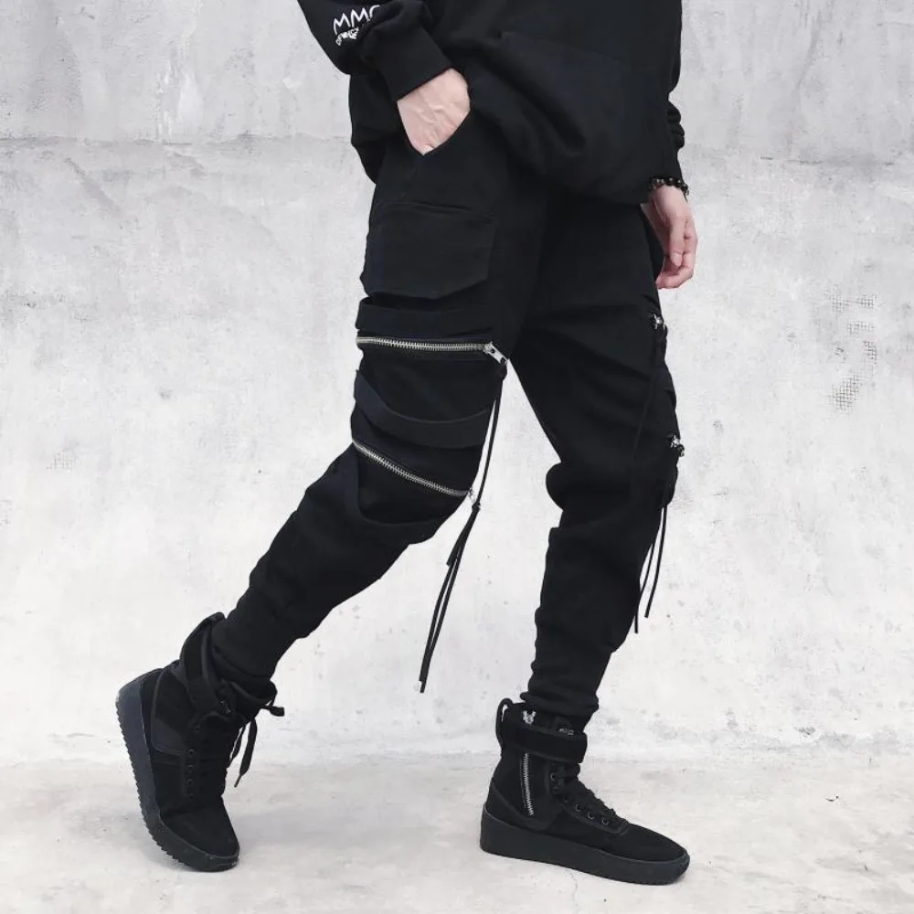 Dark Back Pants Work Men's Zipper Decoration Ribbon Drawstring Narrow Leg Street Hip-hop Streetwear Casual Pants