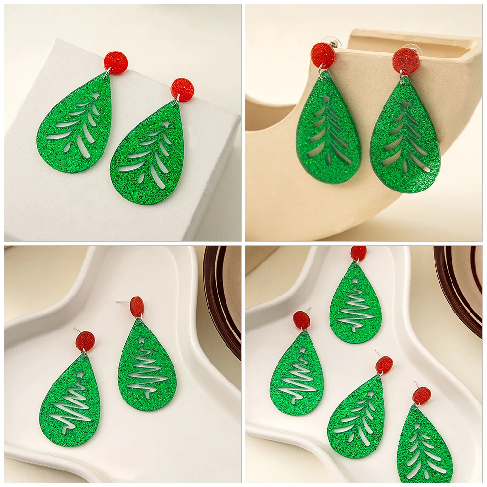 

2Pairs Christmas Tree Earrings Women Fashion Hollow Xmas Dangle Jewelry Lightweight Comfortable Holiday Party Statement