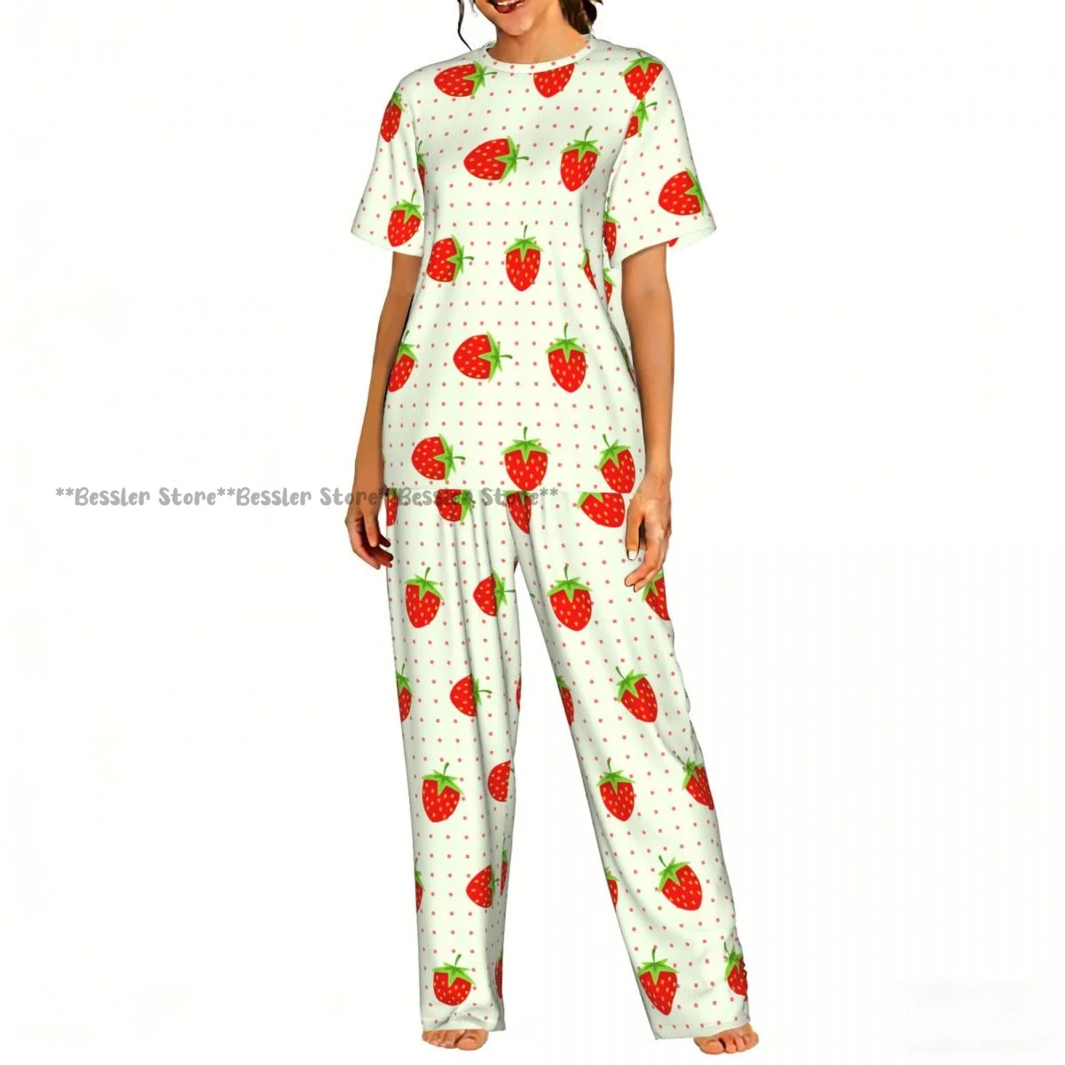 

Women's Cute Strawberries short sleeve trousers casual pajamas set