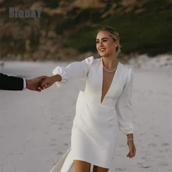 Modern Beach Short Wedding Dress Women 2025 Bow V-Neck Sheath Simple Above-Knee Pleat Bridal Gown Vestido De Noiva Customized