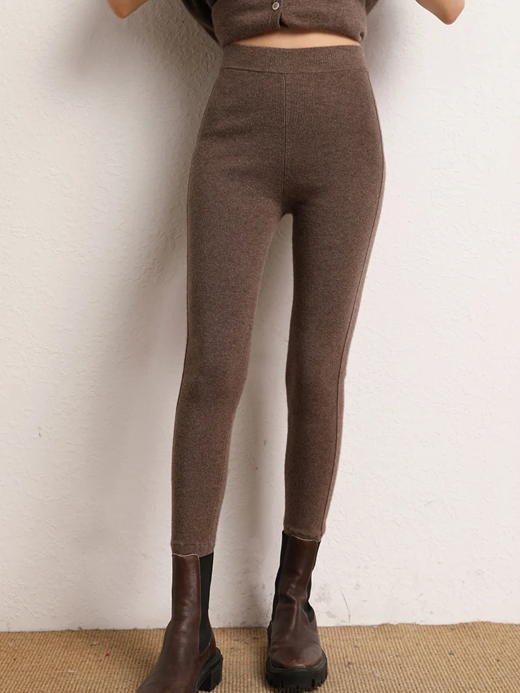 

MEETCC Women's 100% Cashmere Leggings High Waist Stretch Knitted Tights Autumn Winter Soft Warm Slim Comfortable Chic Pants