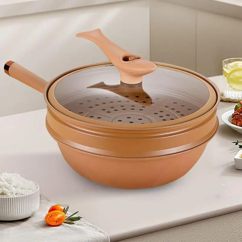 Non-Stick Clay Wok Pan With Steamer Basket Micro-pressure Wok Multifunctional Non-stick Household Frying Pan Induction kitchen