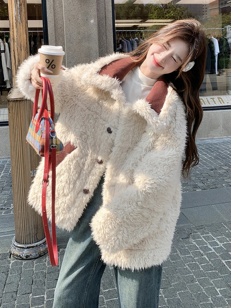 Chaqueta de piel de cordero de doble cara de estilo coreano para mujer, abrigo de aodón de piel y cuero inteado ueso pa...
