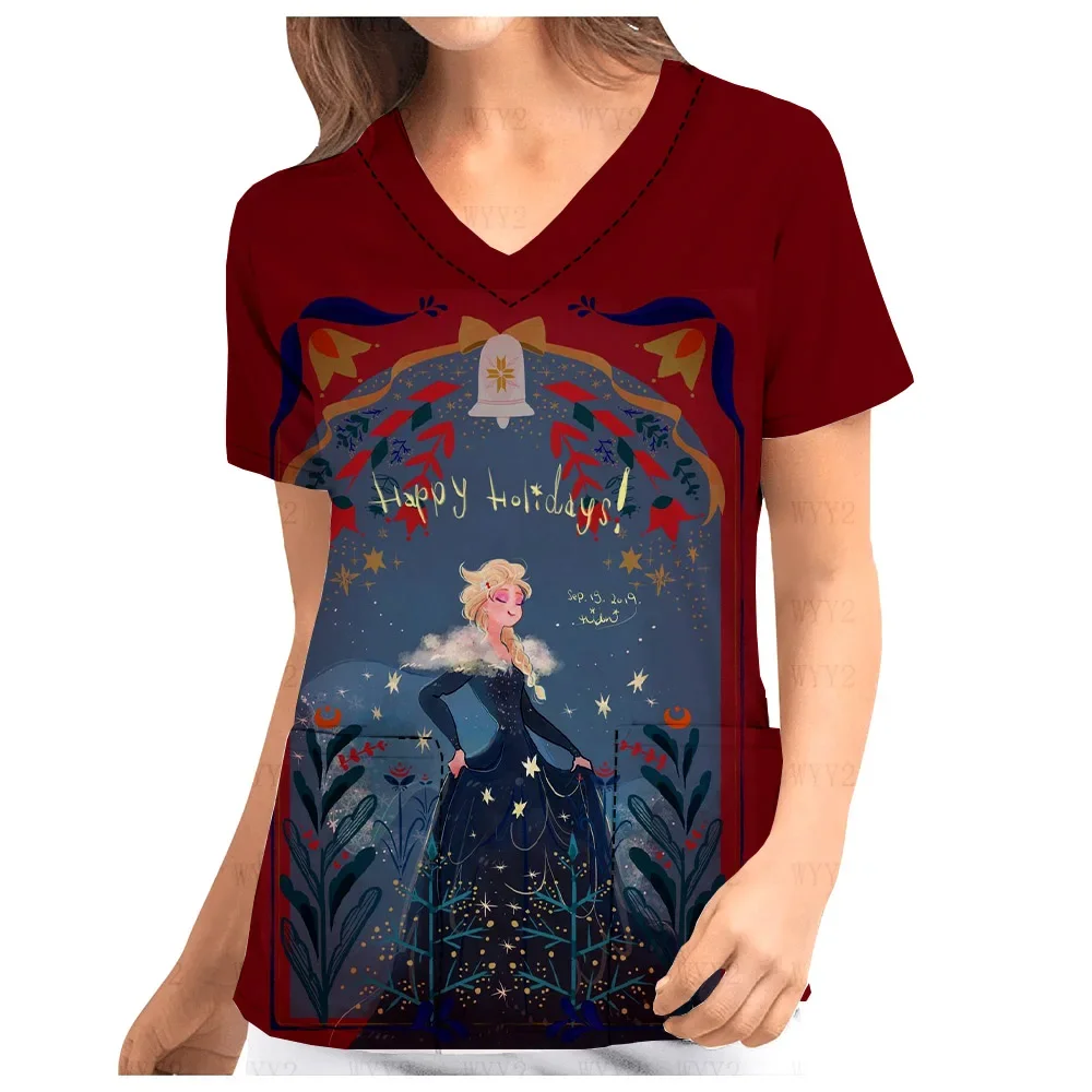 

Frozen Elsa Princess Pattern Print Disney Series Women's Pocket Top V-Neck Print Scrub Top Women's Hospital Work Uniform