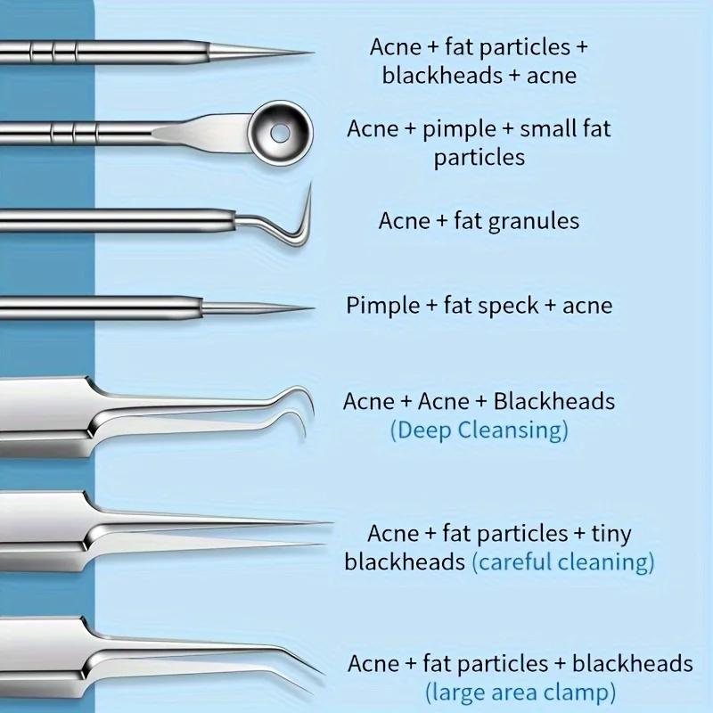 Juego de herramientas de eliminación de espinillas de acero inoxidable, 8 piezas, Clip para espinillas, pinzas, removedor de espinillas faciales de belleza, herramienta de aguja para acné