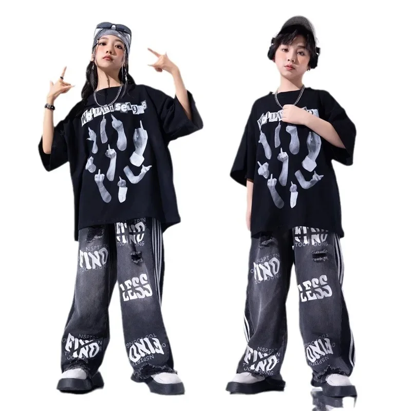 Boys Streetwear Street Dance Graffiti T-shirt Ripped Jeans Girls Hip Hop Shorts Clothes Sets Kids Jazz Denim Pants Teen Costumes