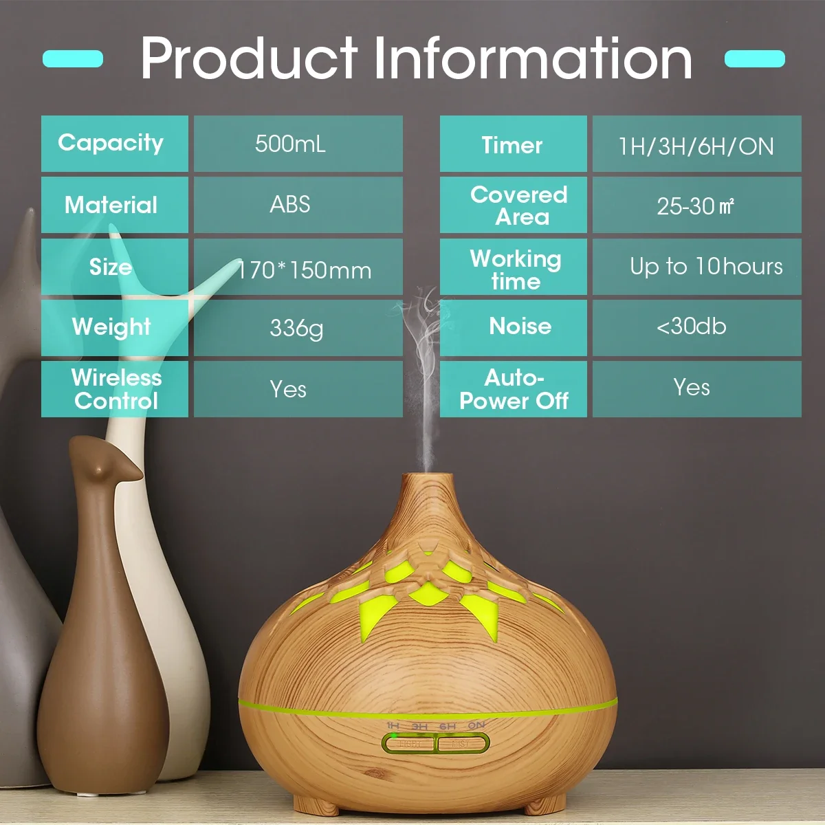 500 مللي الروائح الناشر الضروري النفط جوفاء الخشب الحبوب التحكم عن بعد بالموجات فوق الصوتية الهواء المرطب بارد مع 7 ألوان ضوء