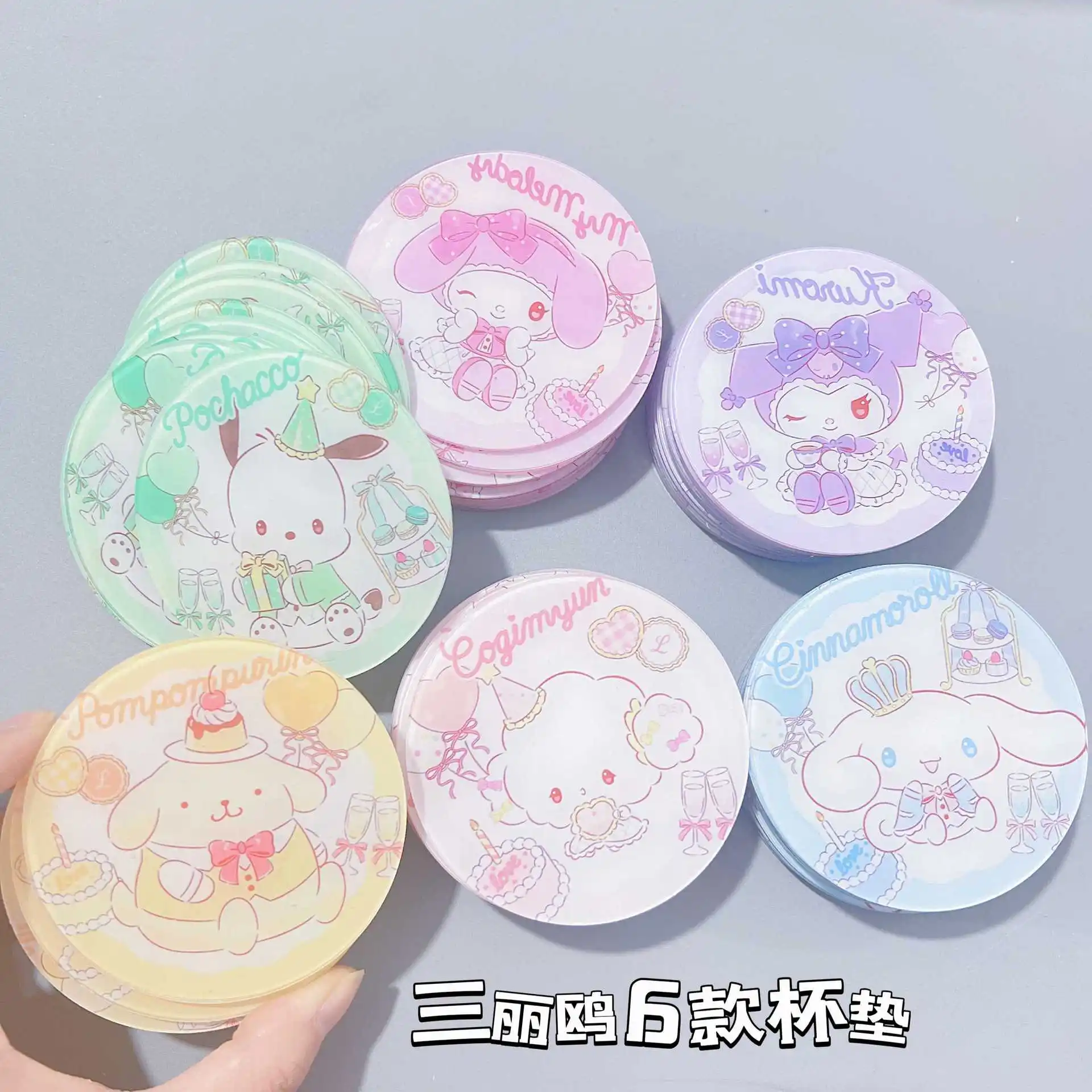

6pcs 8cm Round Hello Kitty Kuromi Melody Cute Acrylic Anti-scald Coaster Cartoon Home Office Insulation Tea Coaster Table Ma