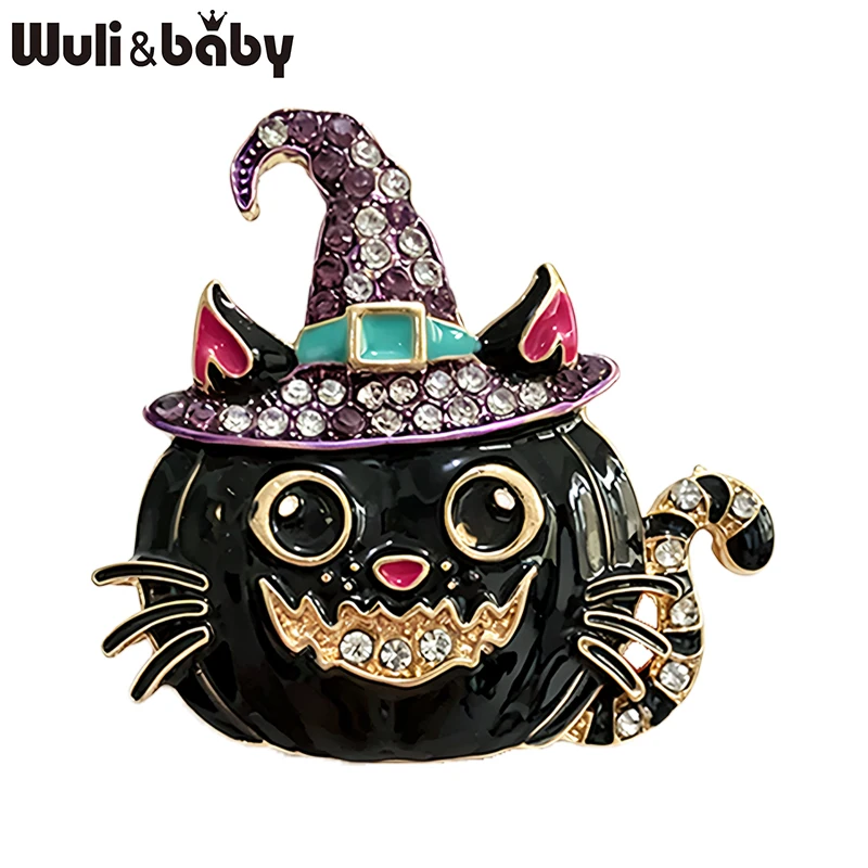 Wuli&baby Lovely Cat Pumpkin Brooches For Women Unisex -color Enamel Rhinestone Witch Halloween Party Brooch Pins Gifts