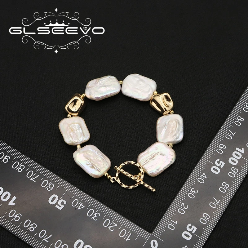 GLSEEVO Shining Natural Baroque White Square Pearls Luxury Bracelet For Woman Fashion Luxury Designer Jewelry Thanksgiving Gifts