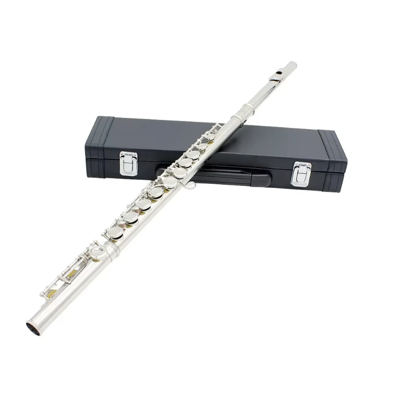 Woodwind 16-hole brass flute in key C, silver-plated surface, E mechanism, brass body