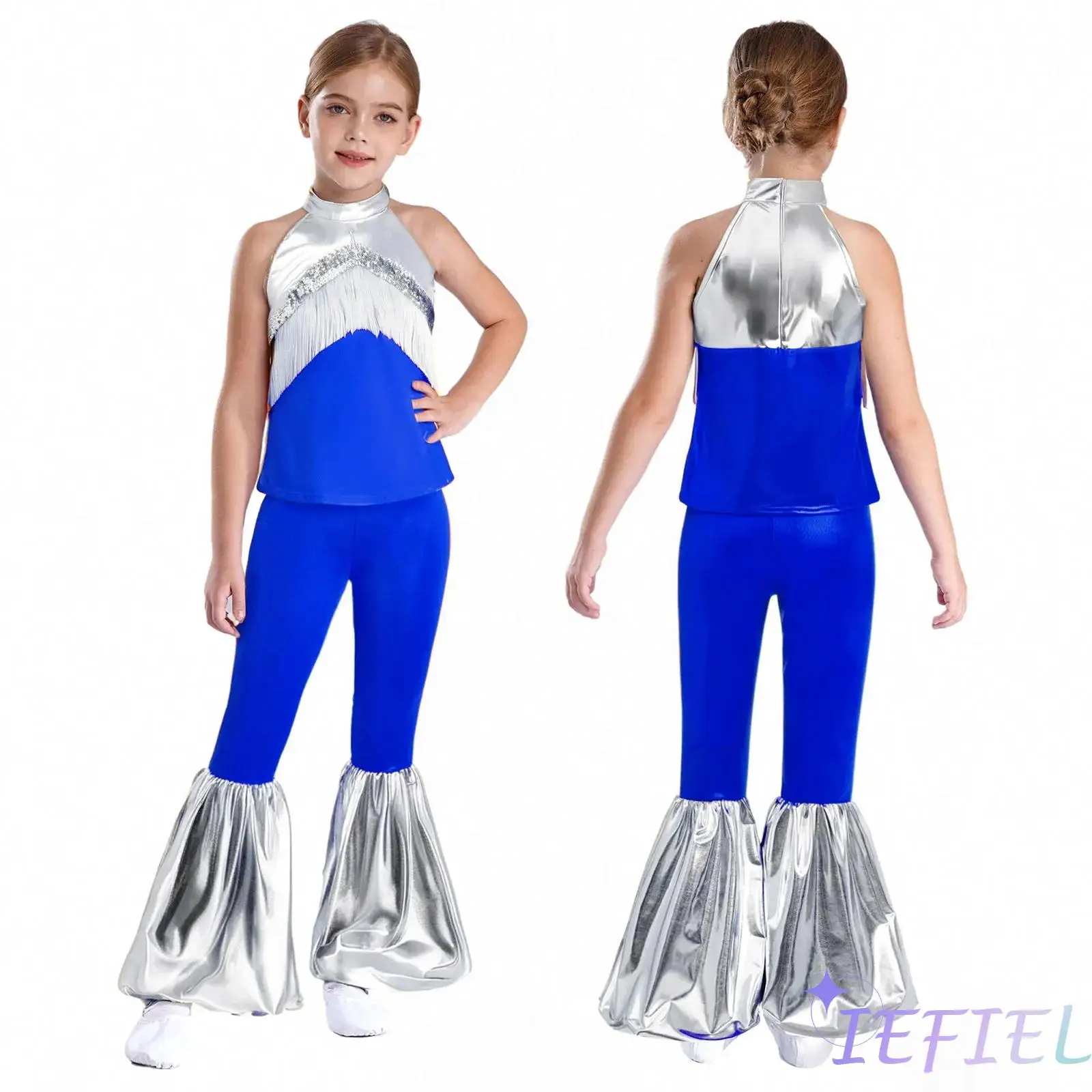 

Kids Girl Jazz Disco Dance Costume Sleeveless Tassel Sequins Metallic Crop Top With Bell-Bottomed Pants Modern Lyrical Dancewear
