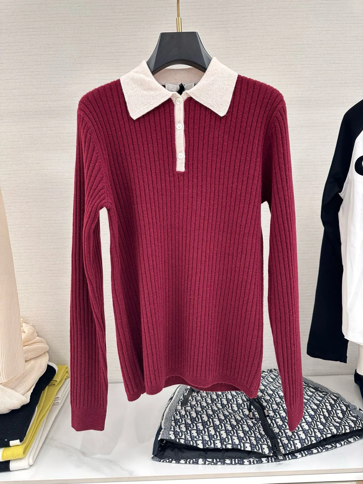 2025 early spring new classic striped French red lapel Polo high-end cashmere blended yarn, red Lucky Christmas Clothes