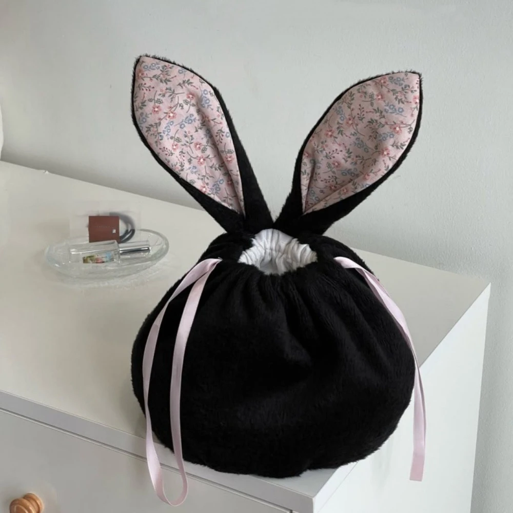 Velvet Easter Rabbit Gift Bag Foldable Cute Bunny Ear Drawstring Bag Large Capacity Festival Jewelry Organizer Bag Woman/Girls